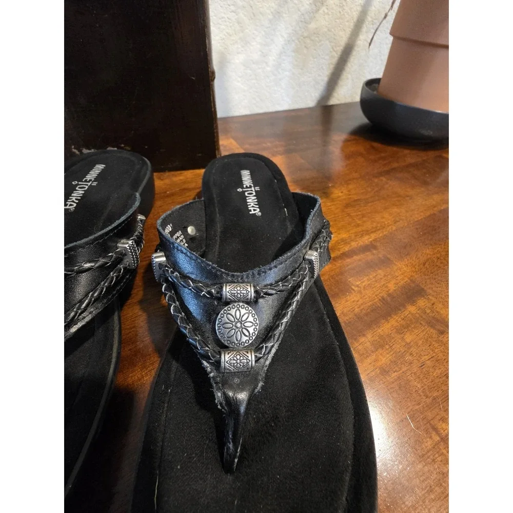 MINNITONKA Women's Sandles Size 8 Open Toe Black Slip On Leather Y2k Genz Genx